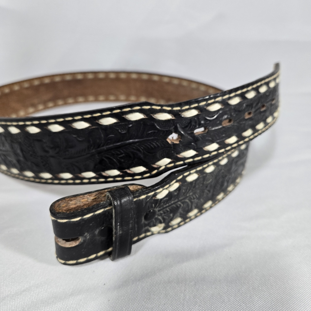 Vintage TONY LAMA Black Tooled Leather Belt 40 White Lacing Western USA